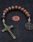 Pocket Road to Damascus paracord rosary with desert tan wooden beads and bronze St. Benedict crucifix
