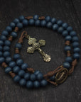 Lepanto rosary by Runewood Rosary combining blue wood beads and bronze crucifix for faithful devotion