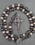 Rugged handmade Memento Mori rosary crafted in Fargo ND with silver crucifix and charcoal wood beads