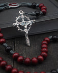 St. Michael rosary with red and black wooden beads, silver Crown of Thorns crucifix, and durable paracord