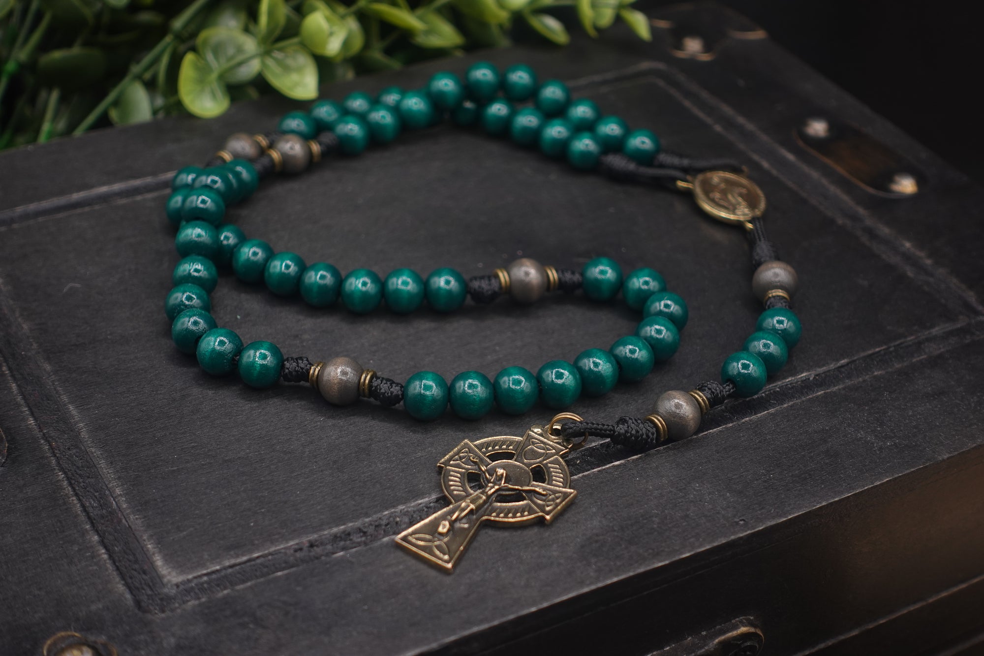 Handcrafted St. Patrick irish and celtic rosary for daily prayer featuring bronze Celtic crucifix and green wood beads