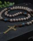 Rugged handmade Ave Maris Stella rosary crafted in Fargo ND with bronze crucifix and blue wood beads