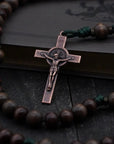 Durable 95 paracord rosary built for outdoorsmen with copper St. Benedict crucifix and wooden beads