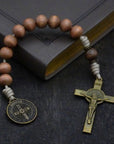 Pocket Road to Damascus paracord rosary with desert tan wooden beads and bronze St. Benedict crucifix