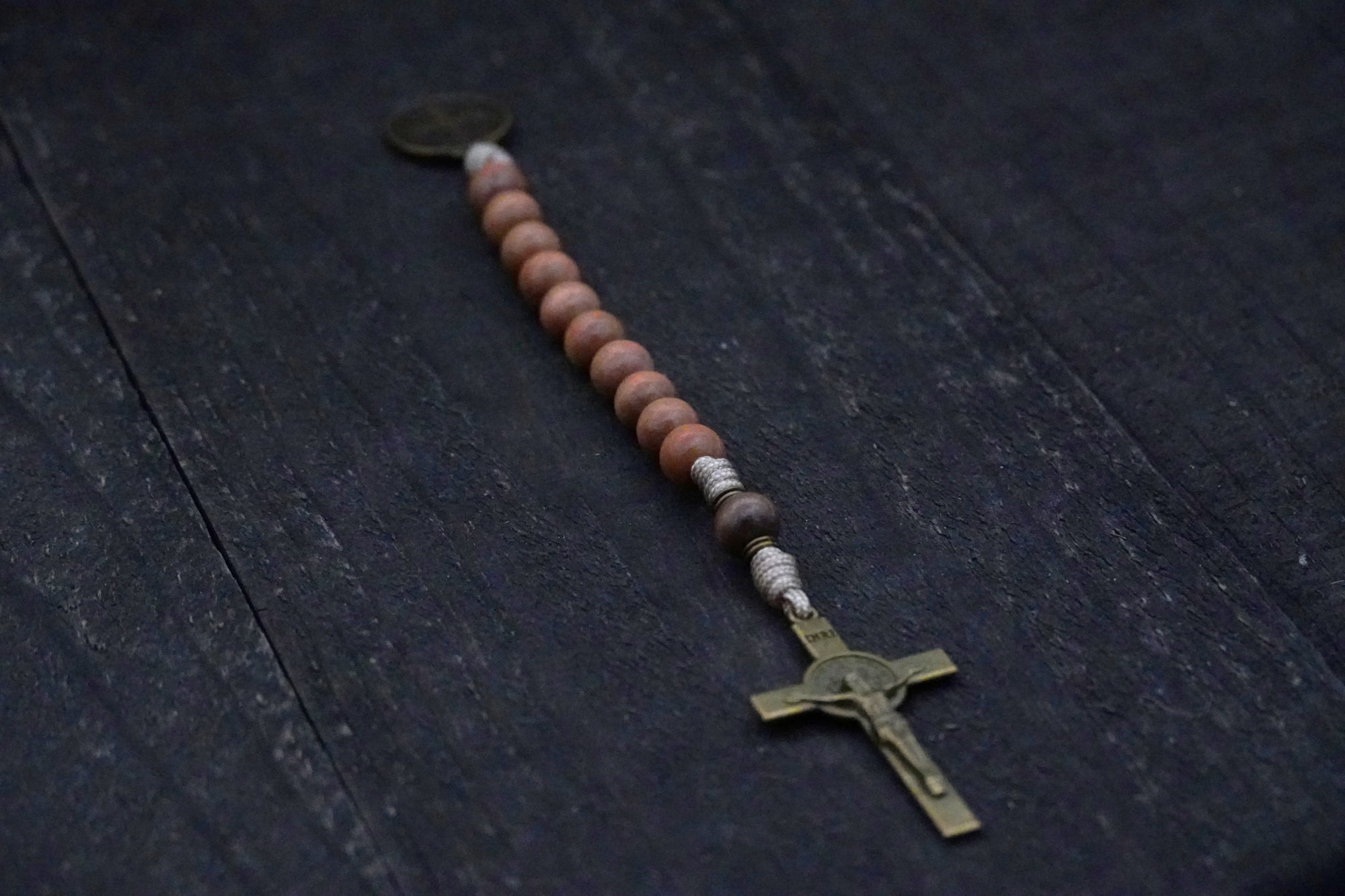Bronze St. Benedict crucifix and medal on durable tan paracord pocket rosary