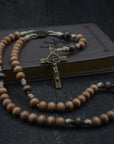 Handcrafted wooden beads in tan and gray-brown on strong paracord rosary inspired by Saul’s encounter with Jesus