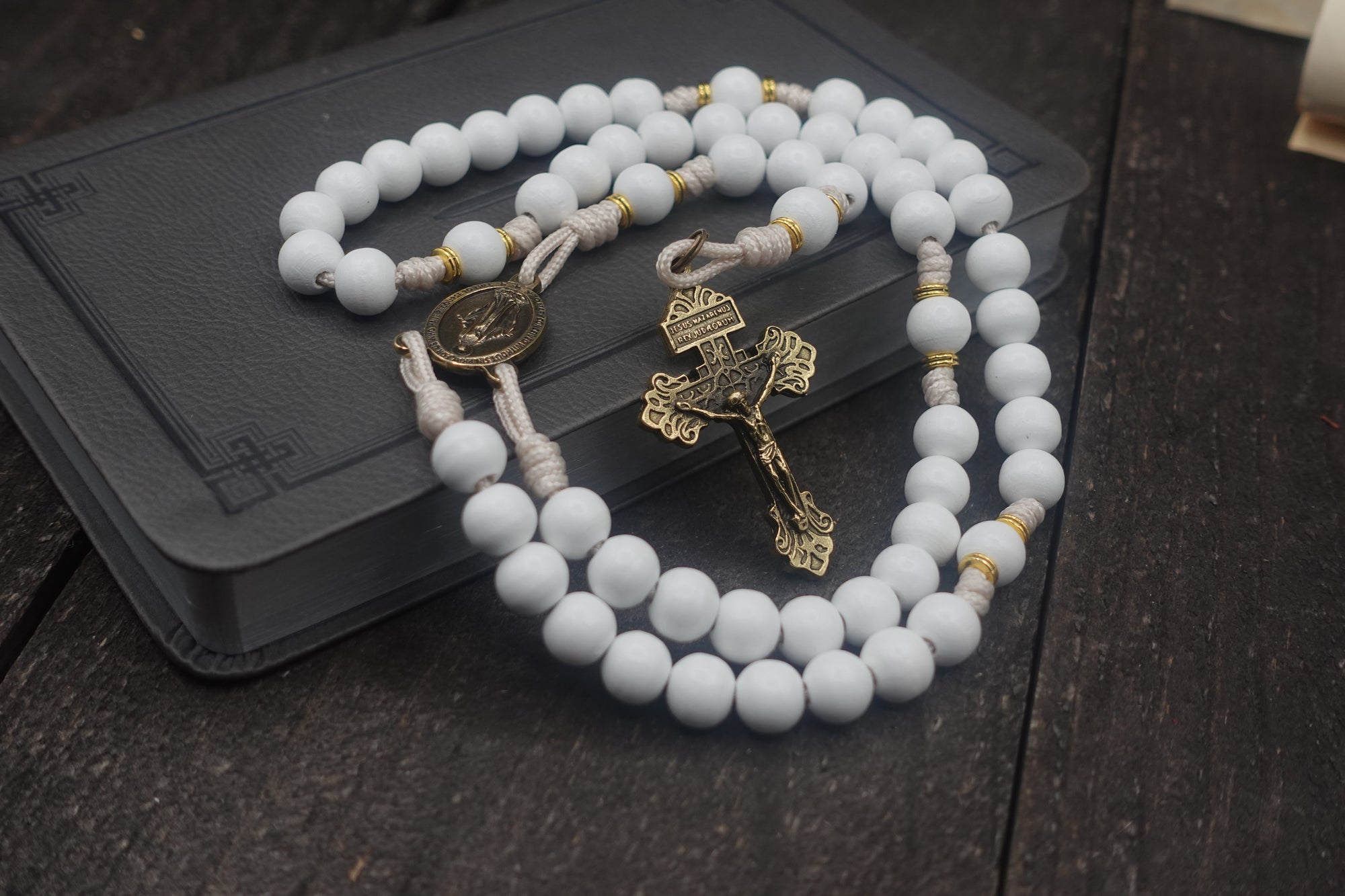 Handcrafted Heavenly Grace rosary for daily prayer, weddings, and first communions, featuring bronze crucifix and white wooden beads