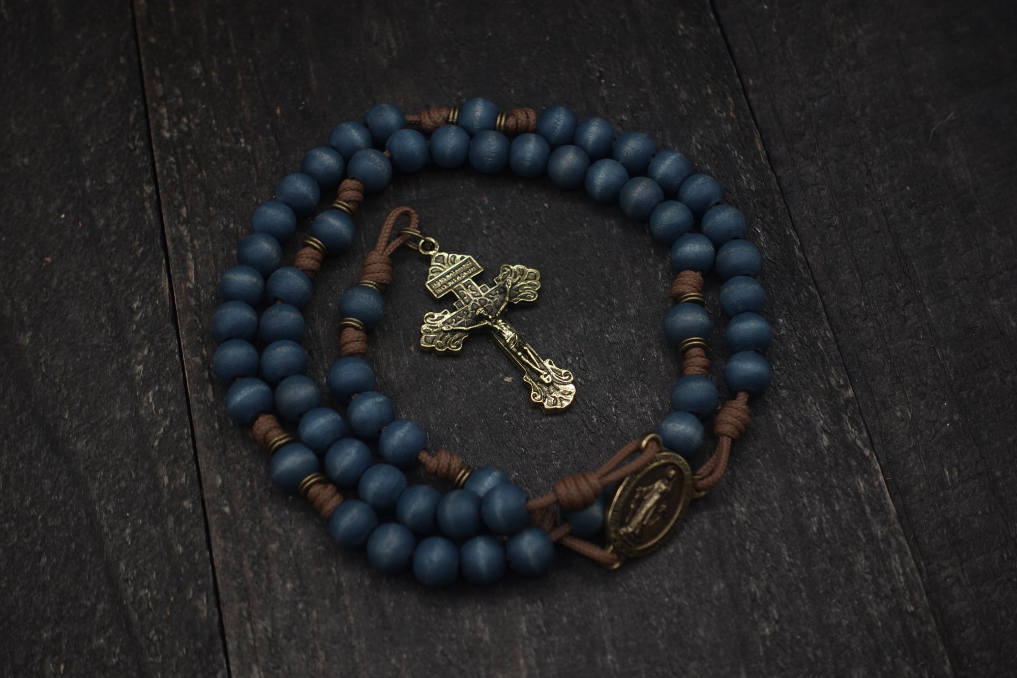 Lepanto rosary by Runewood Rosary combining blue wood beads and bronze crucifix for faithful devotion