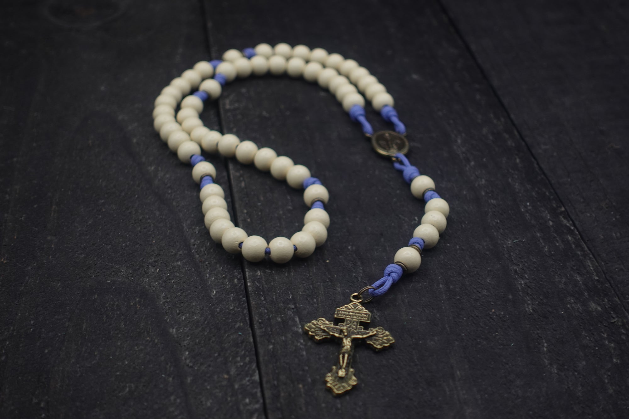 Handcrafted Marian Devotion womens 
rosary for daily prayer featuring bronze crucifix and white wooden beads