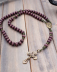 Mount of Olives rosary with burgundy wooden beads, bronze Pardon crucifix, and olive drab paracord
