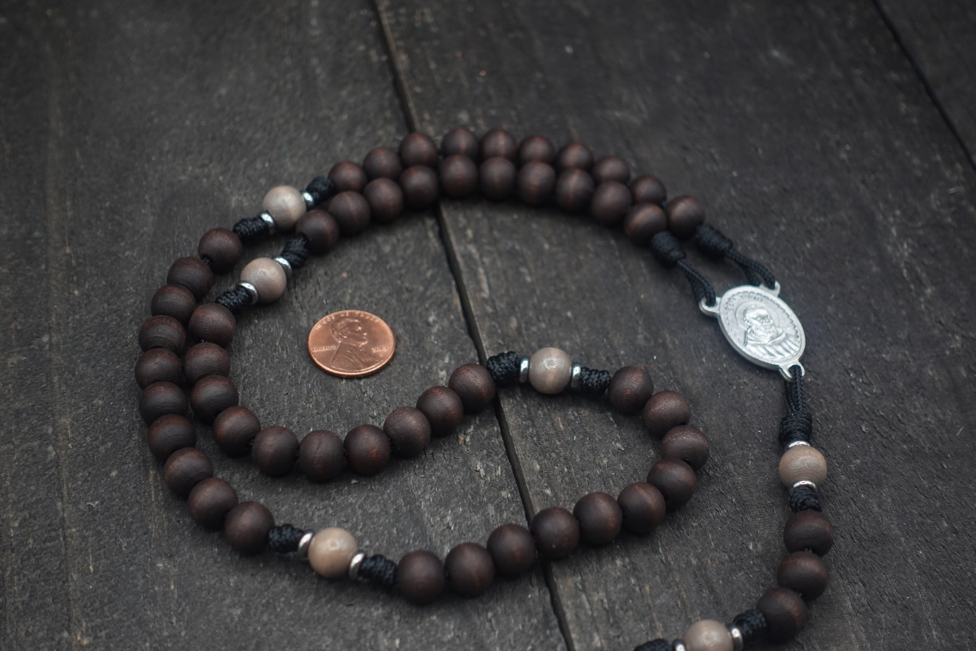 Rugged Padre Pio rosary crafted in Fargo ND with silver San Damiano crucifix and gray wood beads