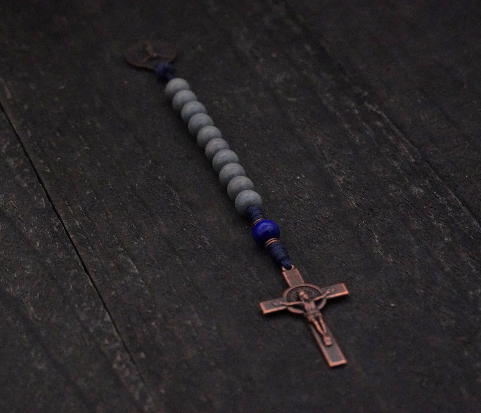 Handcrafted Pocket Sword of the Spirit rosary for daily prayer with blue beads and copper crucifix