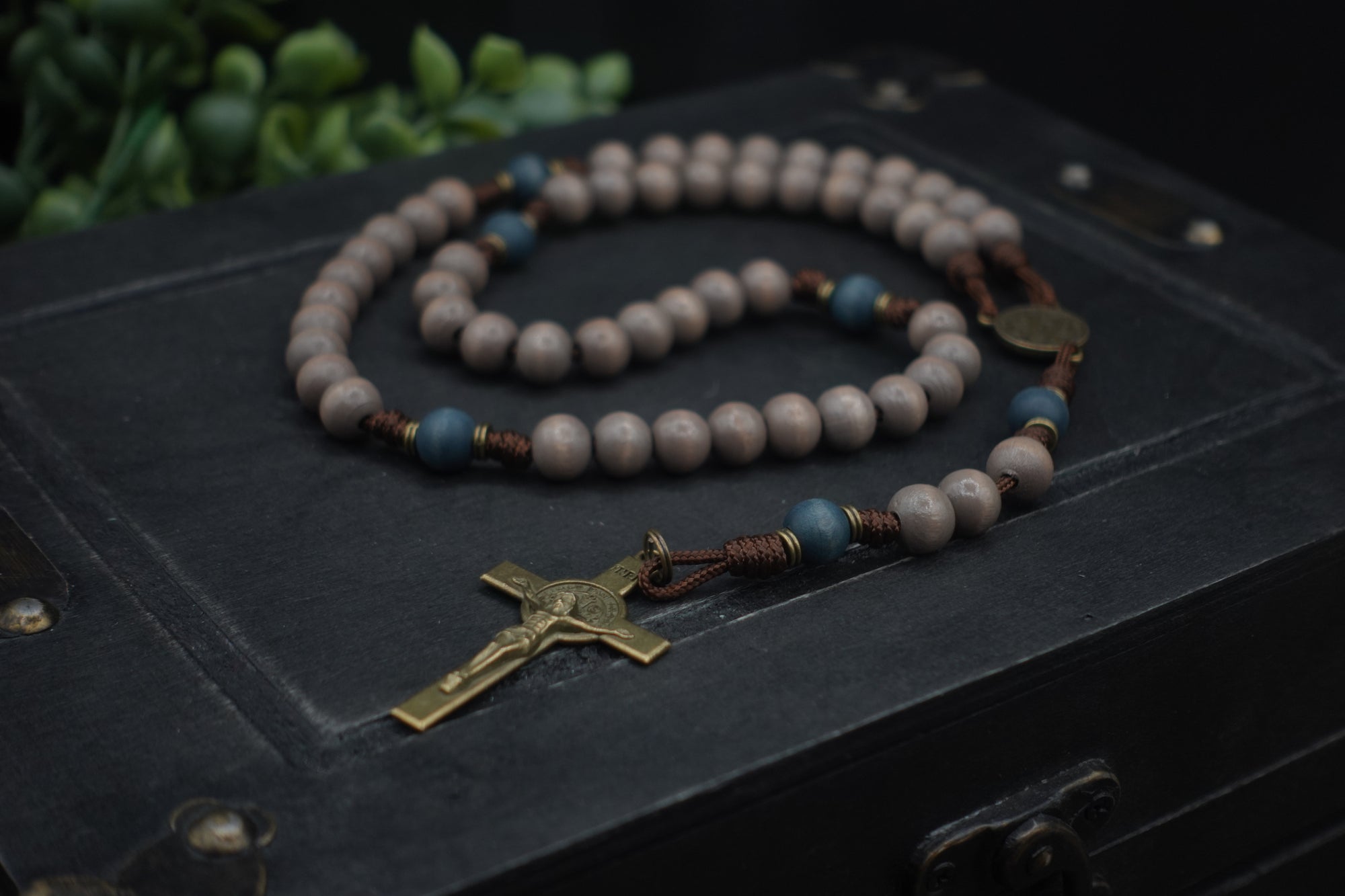Rugged handmade Ave Maris Stella rosary crafted in Fargo ND with bronze crucifix and blue wood beads